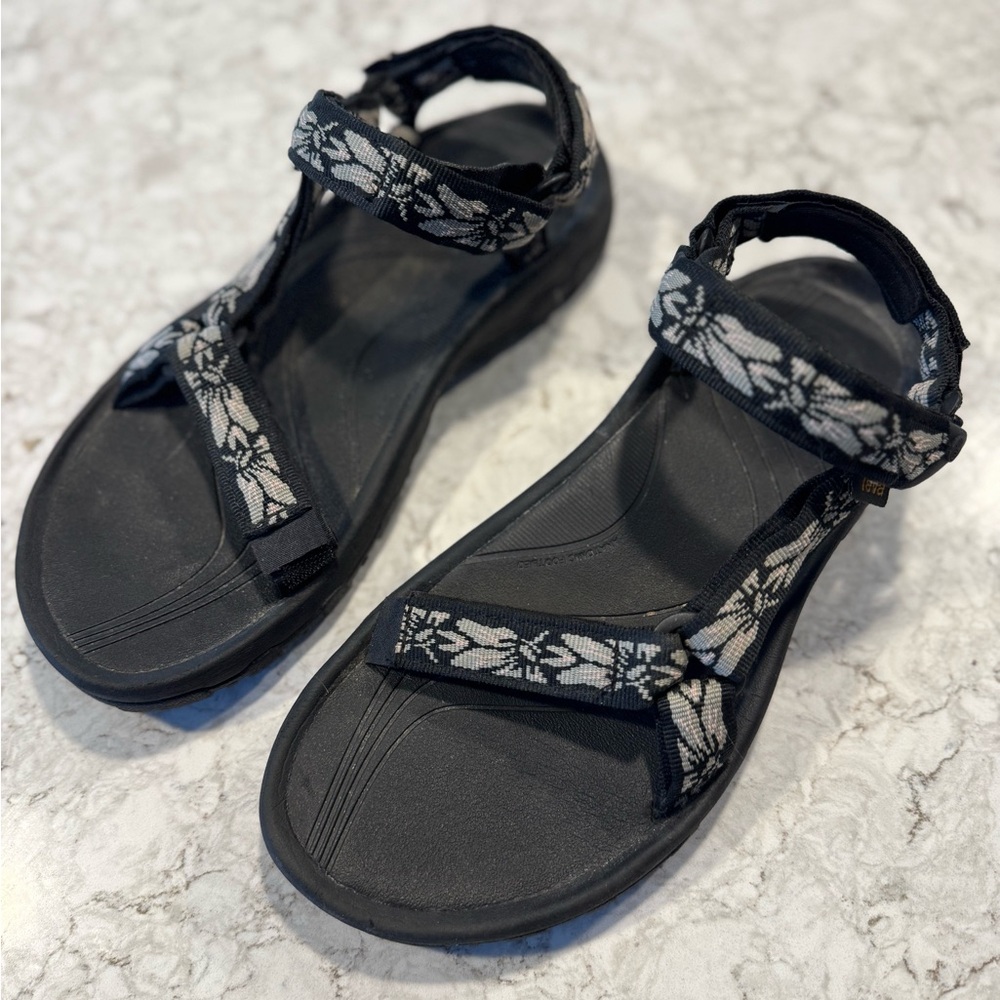 Teva Black Strappy Sandals with Gray Floral Webbing